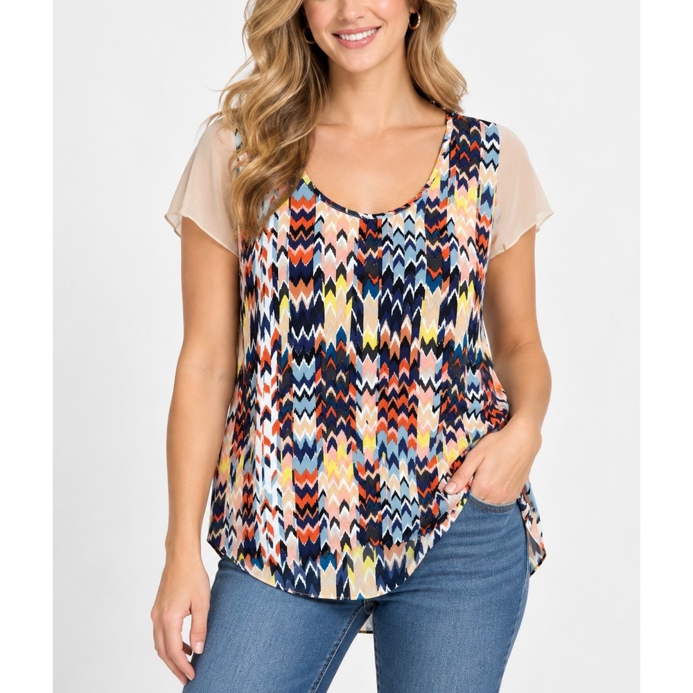 Maeve Silk Blouse Womens Medium Multicolor Chevron Flutter Sleeve Boho Top